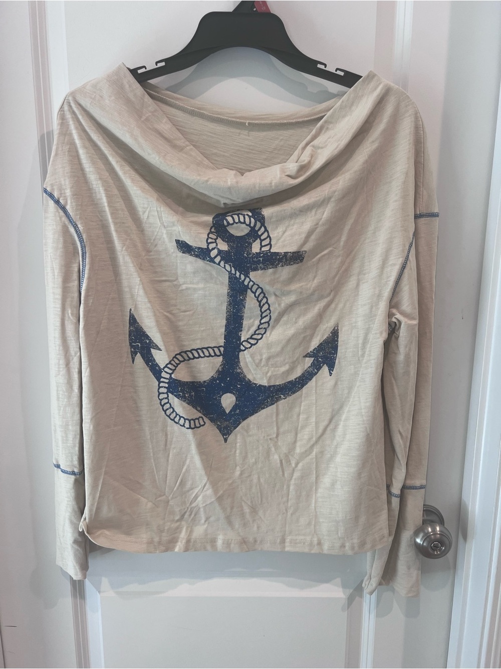 Shein Nautical Anchor Graphic Long Sleeve Top - Beige with Navy Anchor Size L